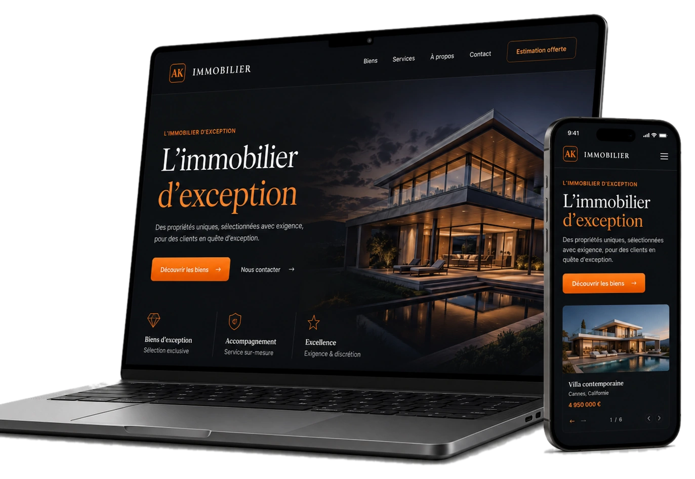 Site immobilier premium présenté sur ordinateur portable et téléphone