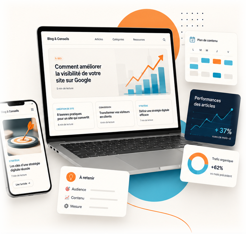 Interfaces de blog, articles, calendrier éditorial et statistiques SEO