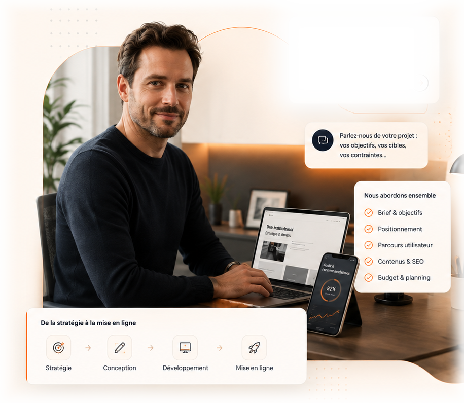 Professionnel travaillant sur un projet web accompagné d'éléments de stratégie