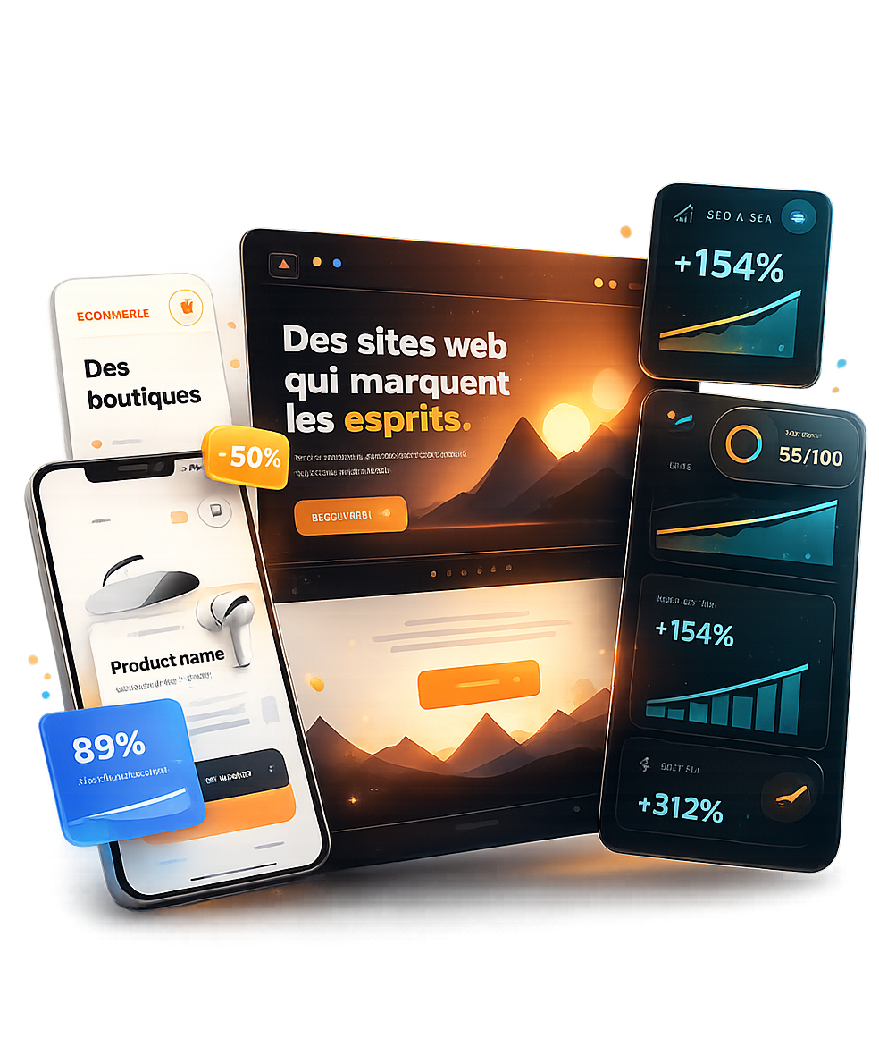 Interfaces digitales premium sur ordinateur, smartphone et tableaux de performance