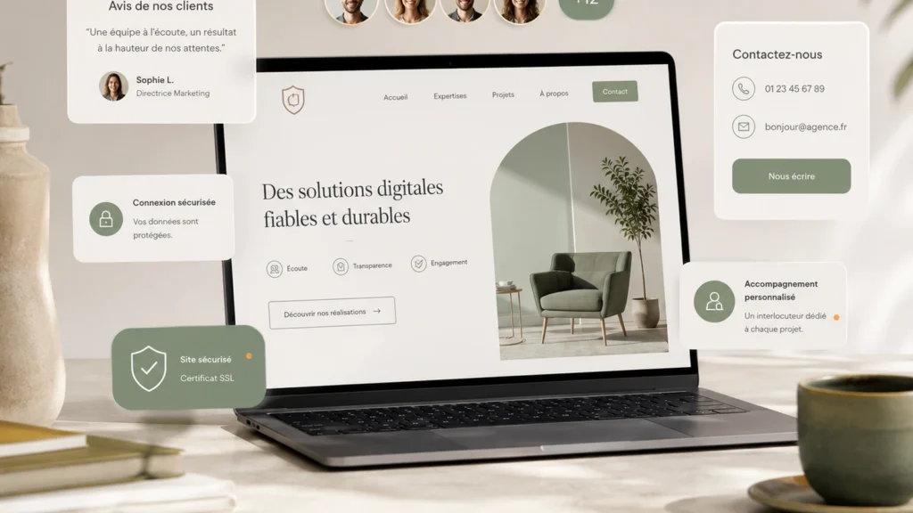 Éléments de confiance, avis clients, sécurité et contact sur un site professionnel